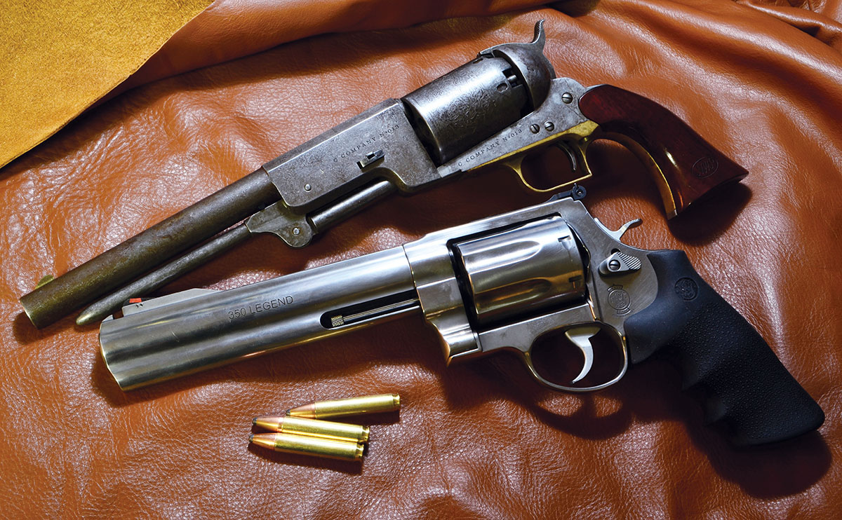 The Smith & Wesson M350 in 350 Legend, next to a Walker Colt, is a truly legendary revolver. For more than a century, the Walker was the biggest and most powerful revolver ever made in the United States.